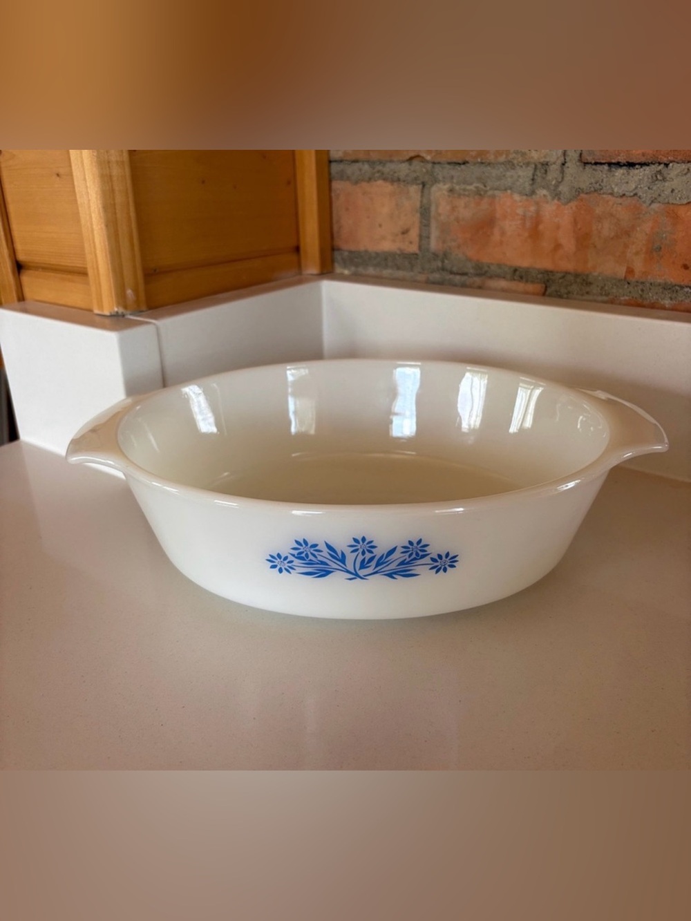 Vintage Fire-King Anchor Milkglass Oval Baking Dish with Blue Floral Design